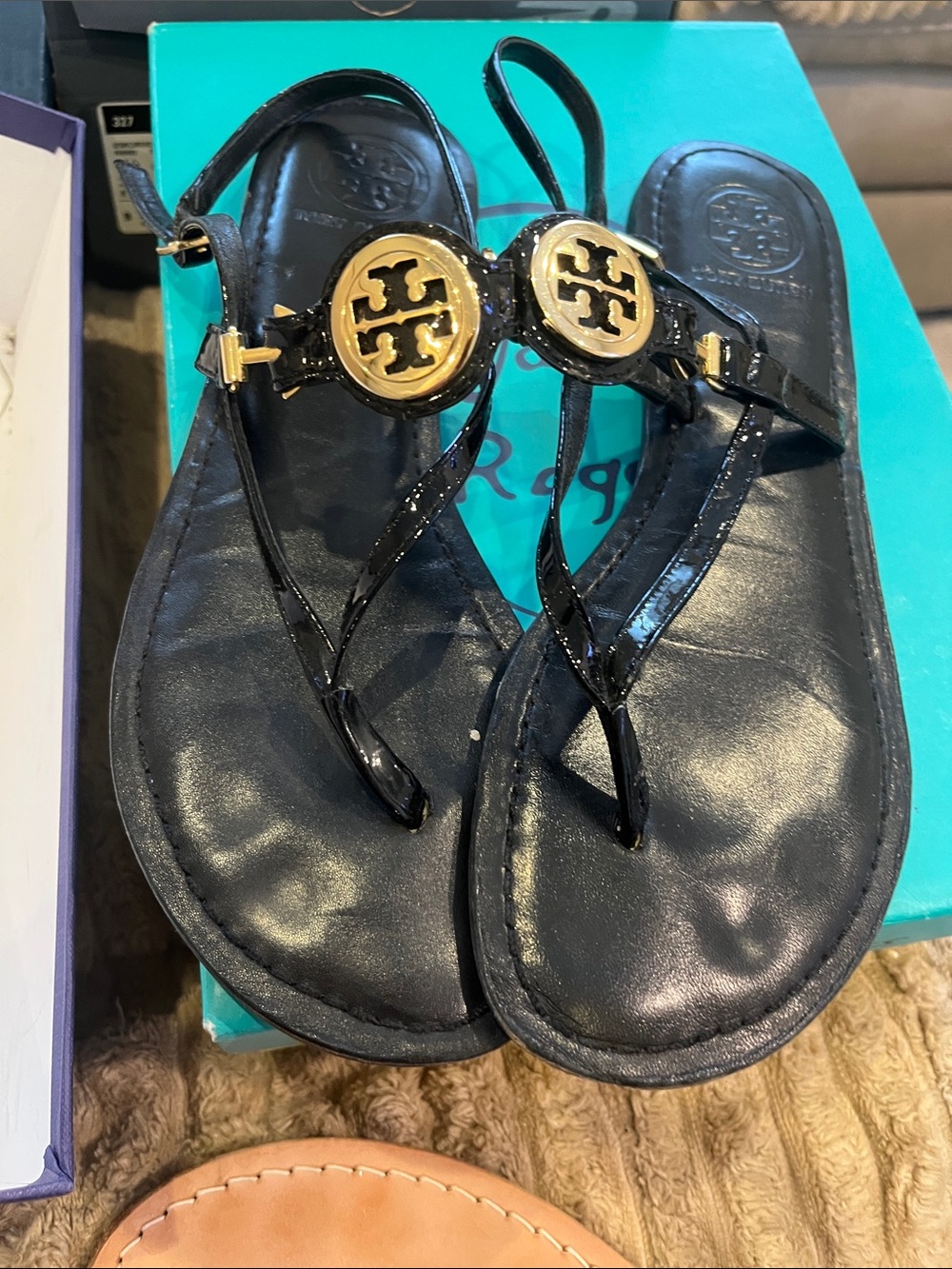 Tory Burch Black Patent Leather Sandals with Gold Logo Discs